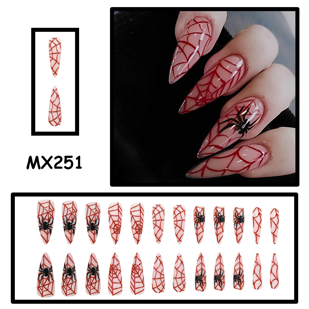 Halloween Long Stiletto Press On Nails, Blood Red Spider Web And Spider False Nails For Spooky Style