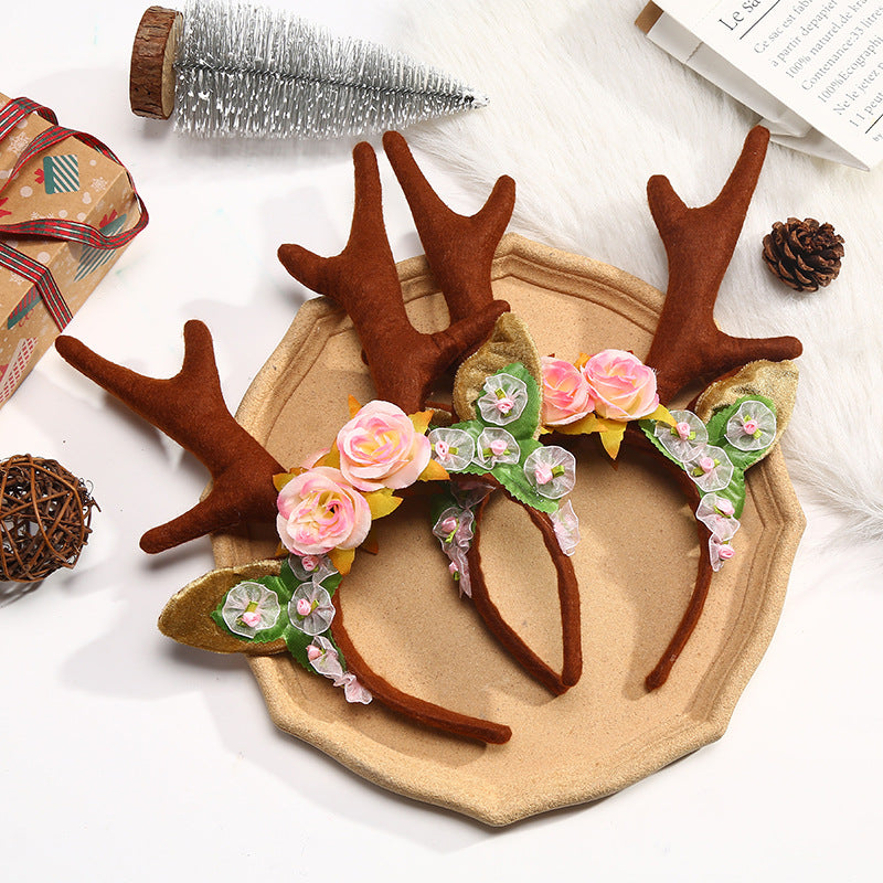 Faux Flower Reindeer Antler Headband, Cartoon Christmas Hair Accessory for Kids
