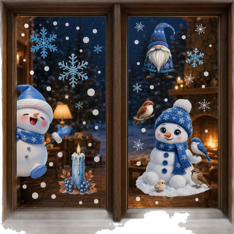 Blue Santa Snowman Window Clings Christmas Glass Stickers Snowflake Tree Static Decor