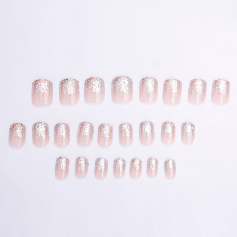 Glitter French Press On Nails Short False Nails Fake Nail Tips Finished Manicure Set