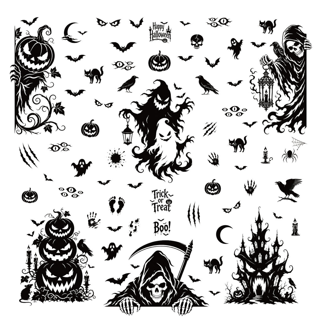 Halloween Grim Reaper Bat Static Cling Stickers, Black Horror Glass Decals For Storefront Scene Decor