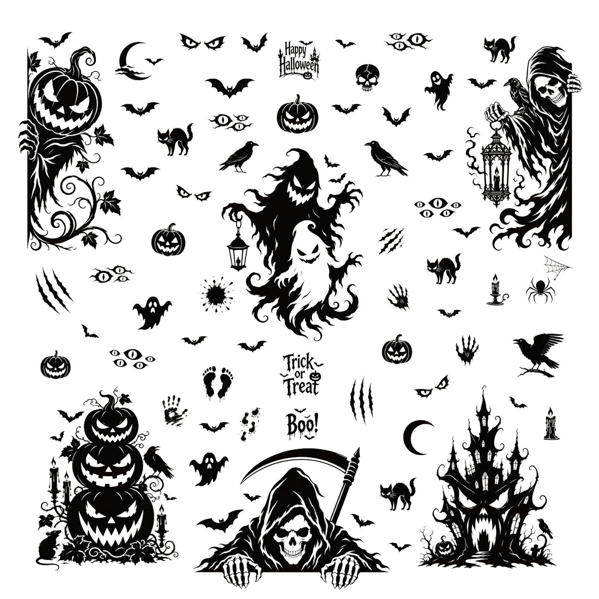 Halloween Grim Reaper Bat Static Cling Stickers, Black Horror Glass Decals For Storefront Scene Decor