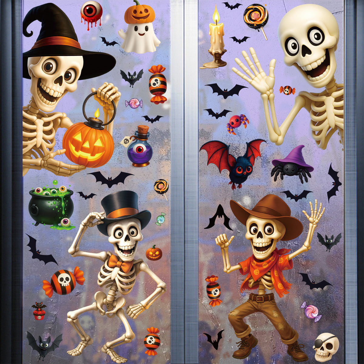 Halloween Funny Skull Pumpkin Bat Static Cling Glass Stickers, Creative Party Decoration Decals