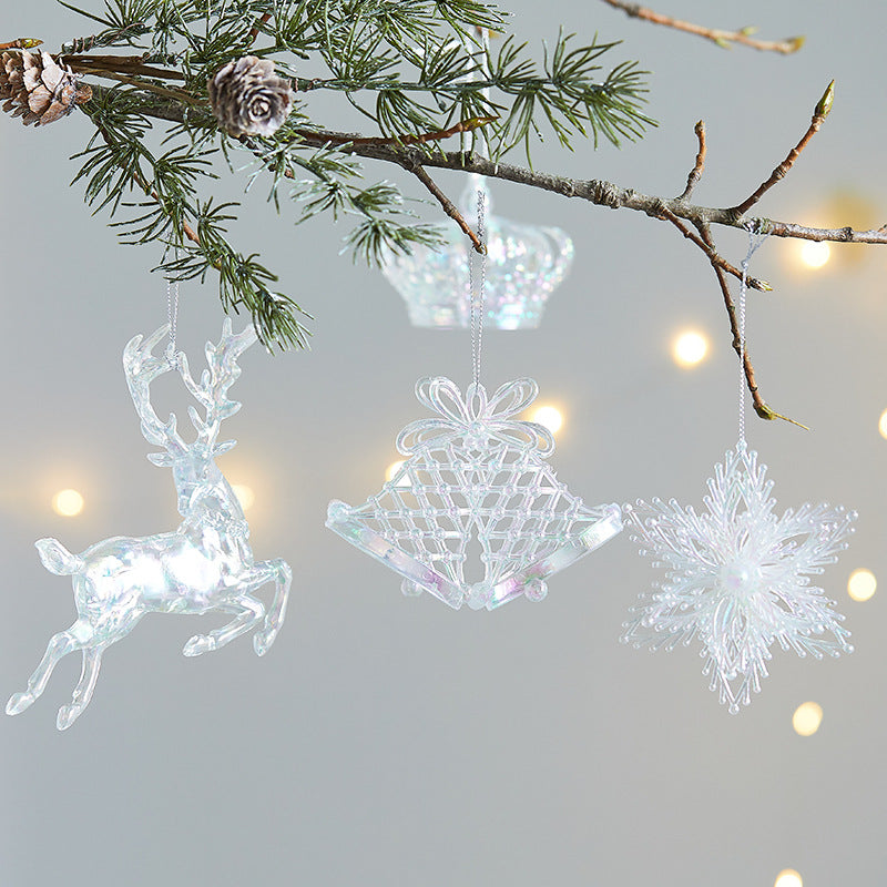 Acrylic Rainbow Snowflake Christmas Tree Ornaments, Transparent Bell Crown Hanging Decor