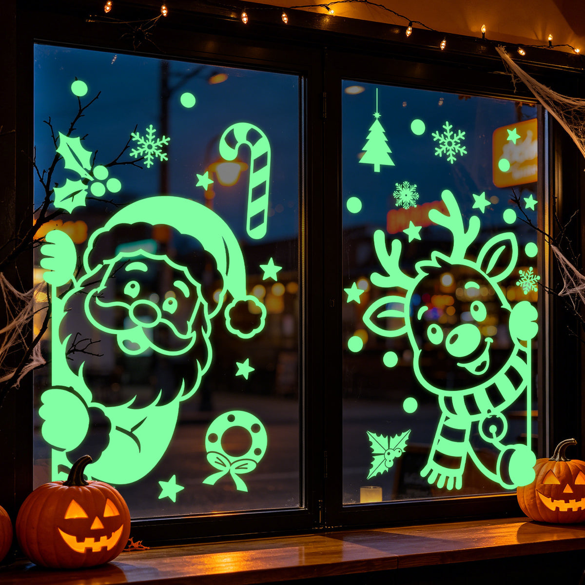 Glow in the Dark Santa Reindeer Window Stickers, Green Fluorescent Snowflake Static Cling Decor