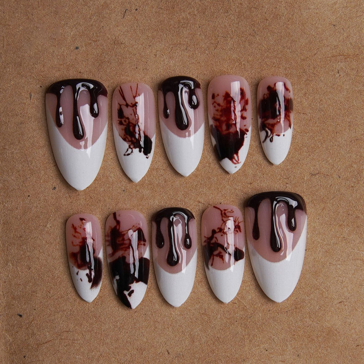Halloween Handmade French 3D Gel Blood Press On Nails, Almond Shape Removable False Nails