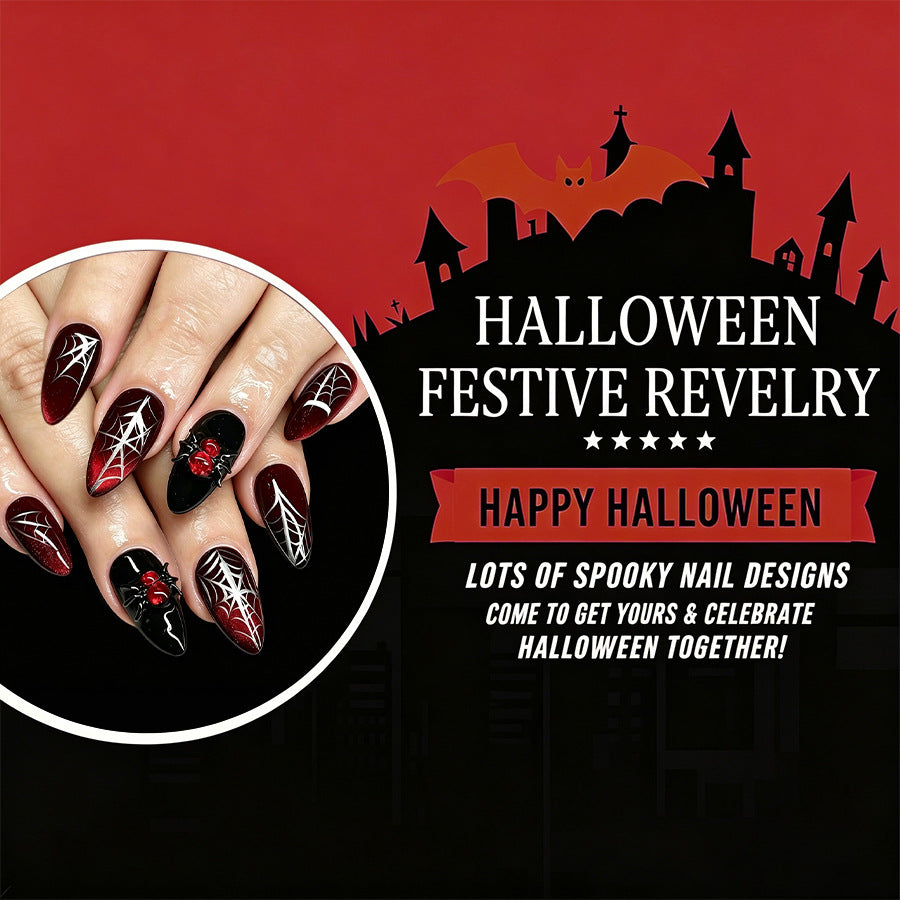 Medium Shiny Almond Halloween Press On Nails 24 Pcs, Dark Wine Red Cat Eye Spider Web Rhinestone Design