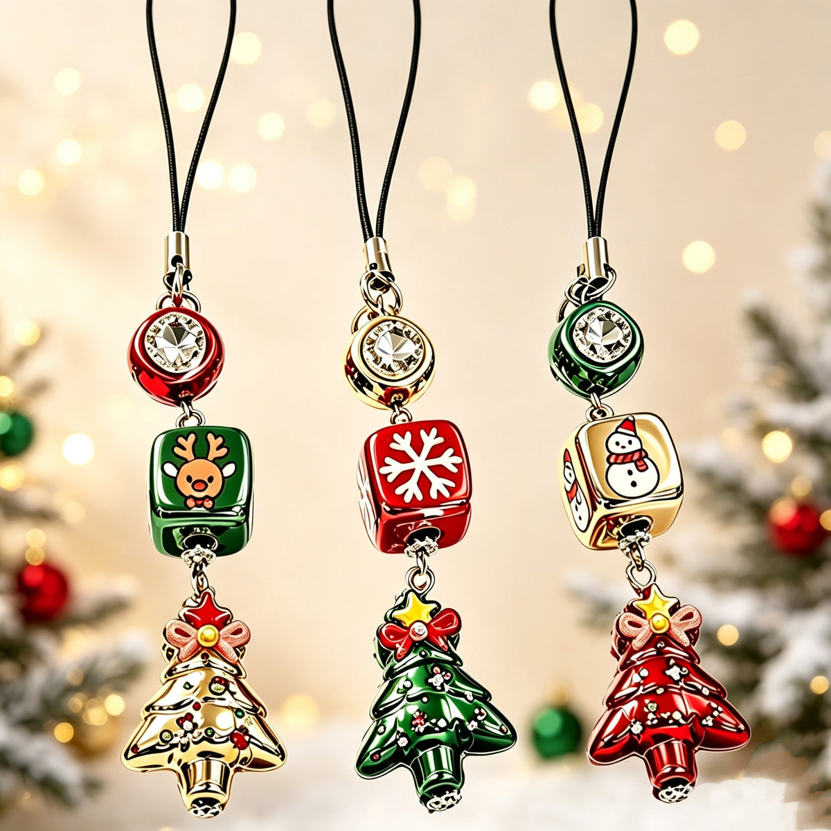 Christmas Phone Strap Charms, Reindeer Snowman Snowflake Keychain Bag Hanging Decorations