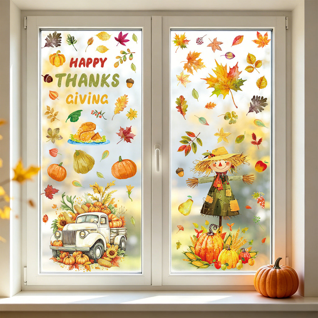 Thanksgiving Harvest Window Stickers, Maple Leaf Turkey Pumpkin Scarecrow Removable Static Cling