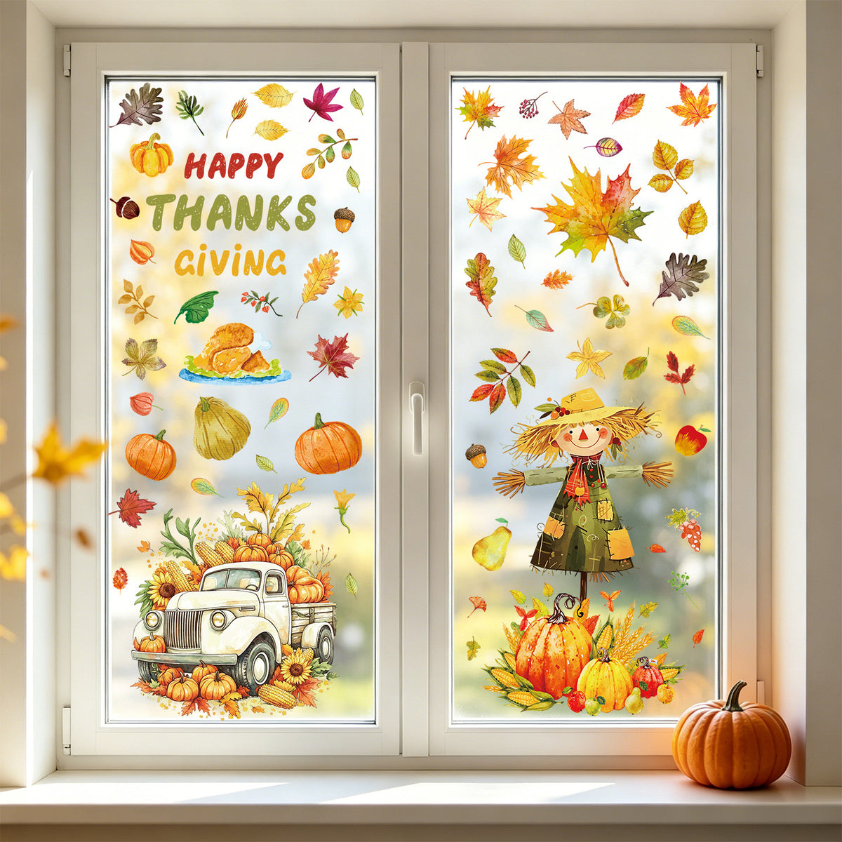 Thanksgiving Harvest Window Stickers, Maple Leaf Turkey Pumpkin Scarecrow Removable Static Cling