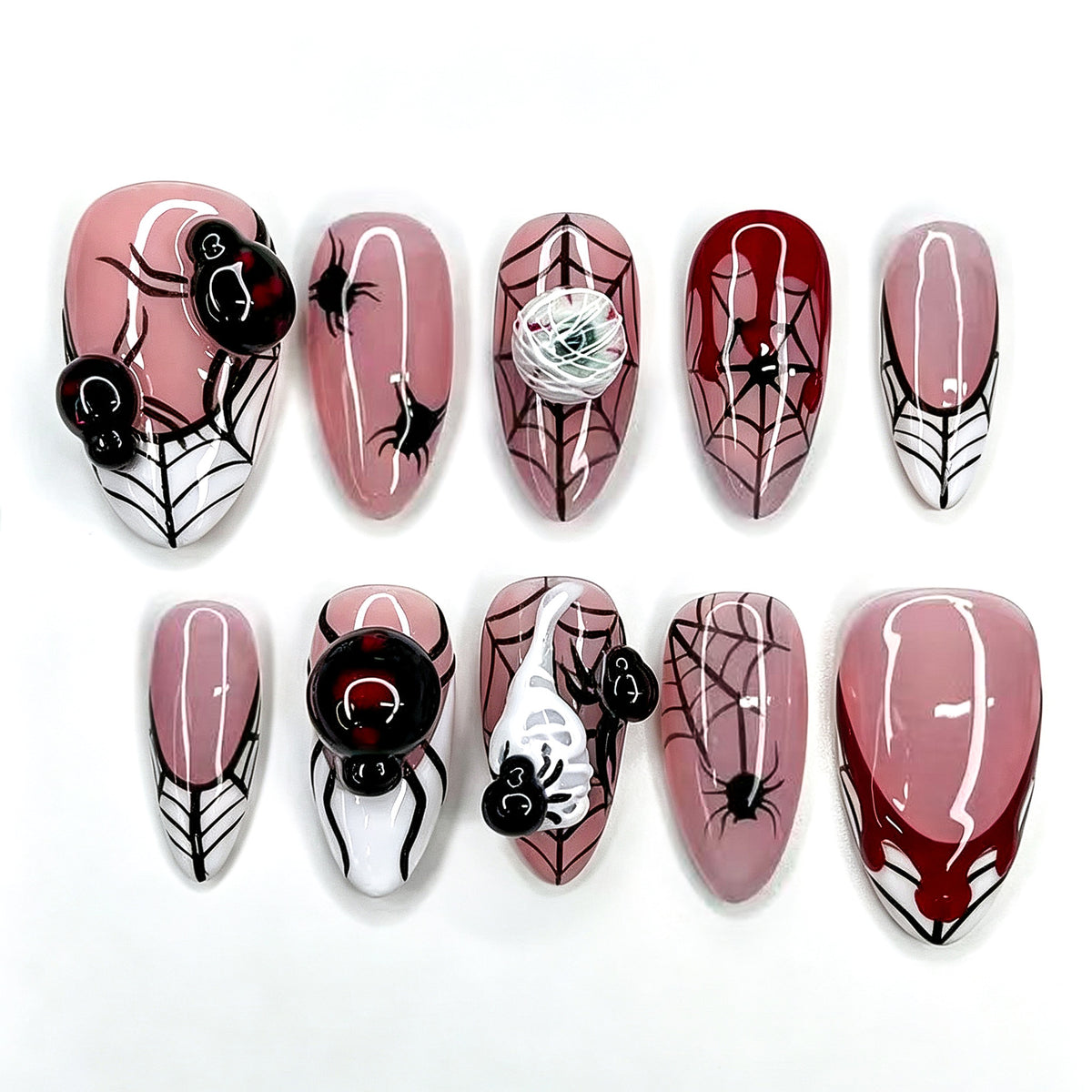30 Pcs Halloween 3D Spider Press On Nails, Blood Drop Web French False Nails