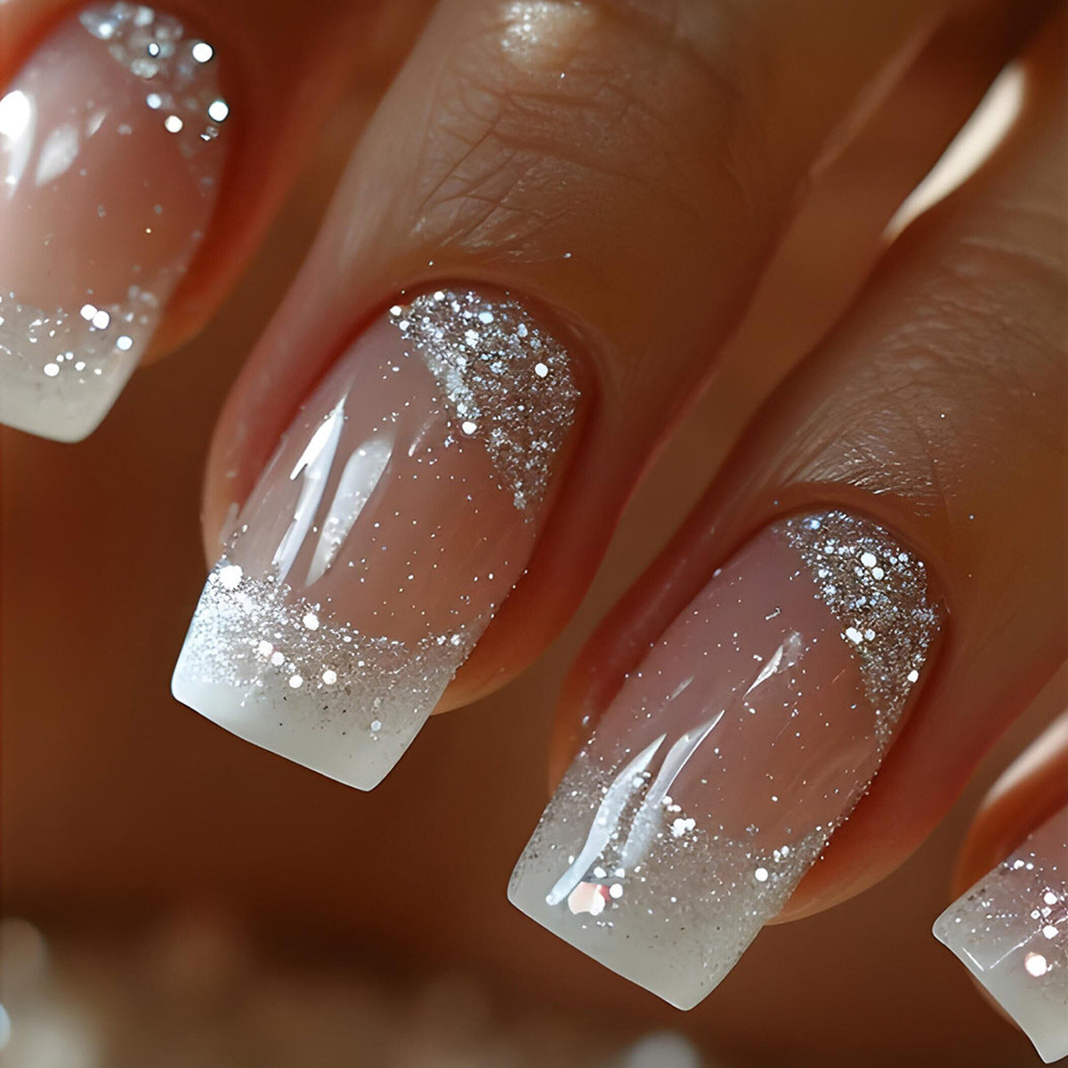 Sparkle French Press On Nails Glitter Short Fake Nails Sweet Chic Glam False Nails Set