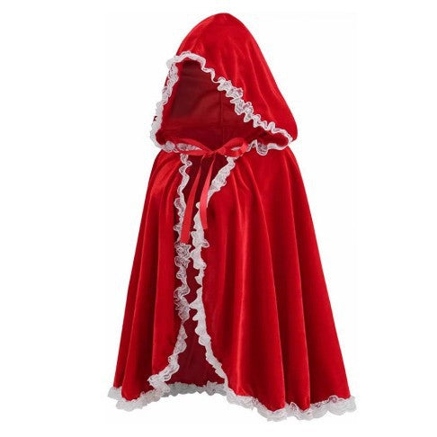 Kids Hooded Cape with Lace Trim, Little Red Riding Hood Costume Cloak for Christmas Role Play
