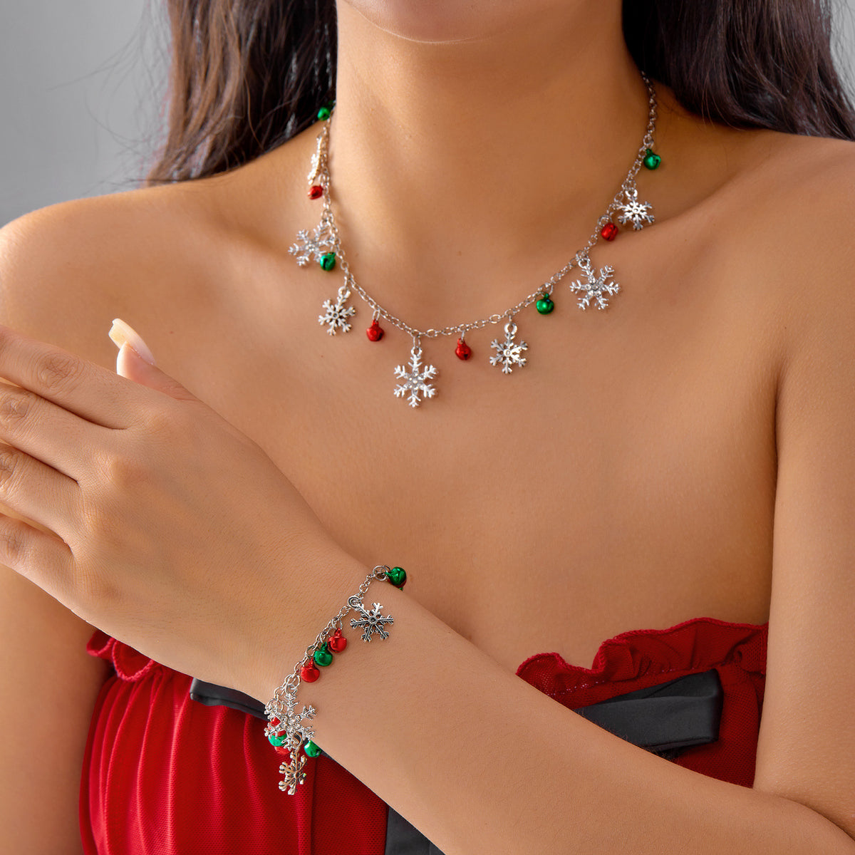 Christmas Colorful Bell Necklace and Bracelet Set, Cute Snowflake Pendant Jewelry for Women
