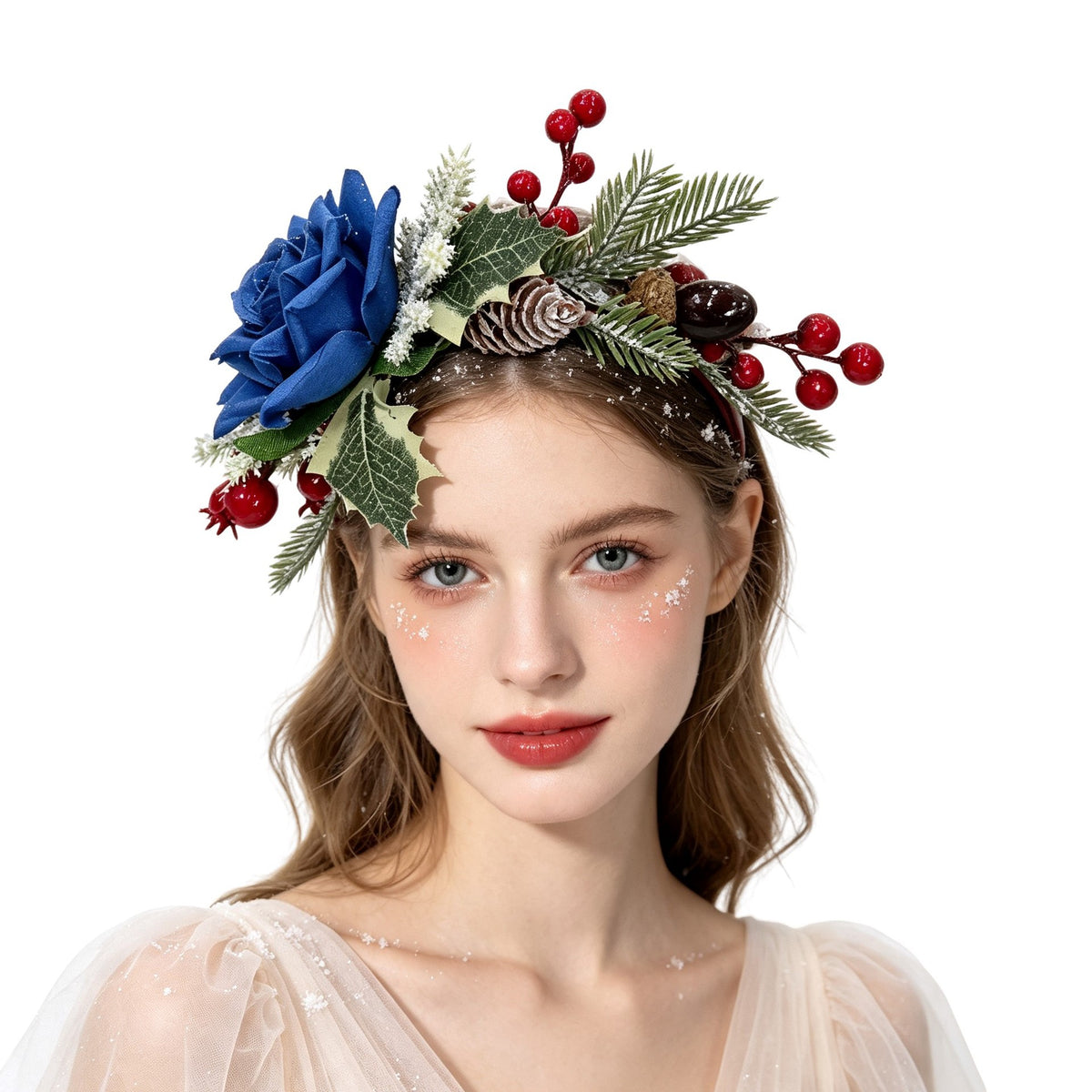 Christmas Rose Berry Headband, Faux Flower Hair Hoop for Girls Party Photo Accessories