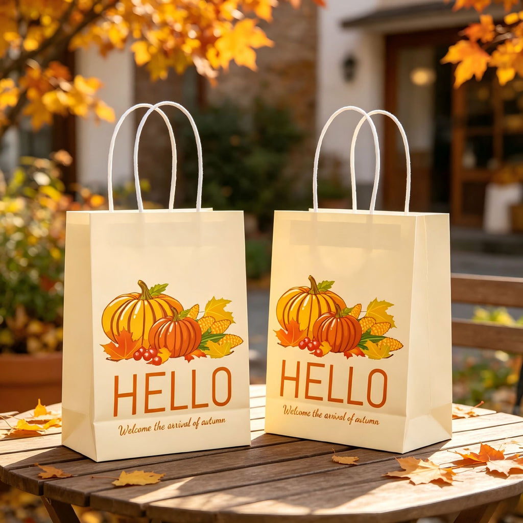 Thanksgiving Kraft Paper Gift Bags Maple Leaf Pumpkin Print Party Favor Tote Bags