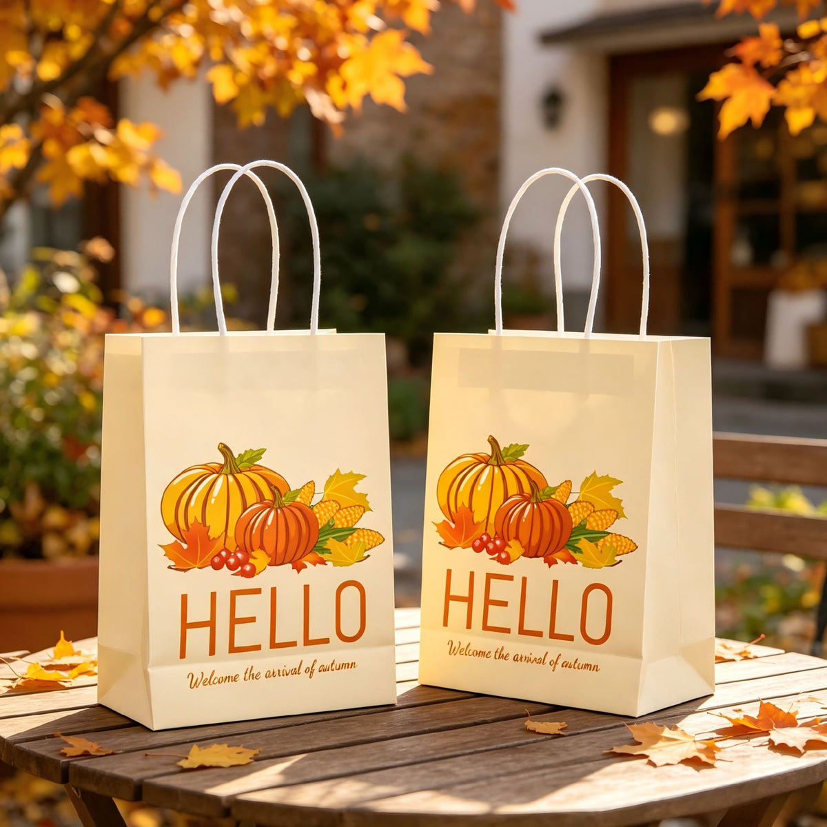 Thanksgiving Kraft Paper Gift Bags Maple Leaf Pumpkin Print Party Favor Tote Bags