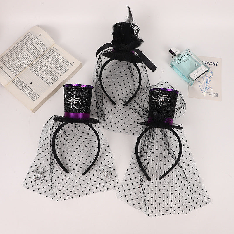 Halloween Witch Hat Headband With Veil, Spider Web Witch Hat Headband For Party Decorations