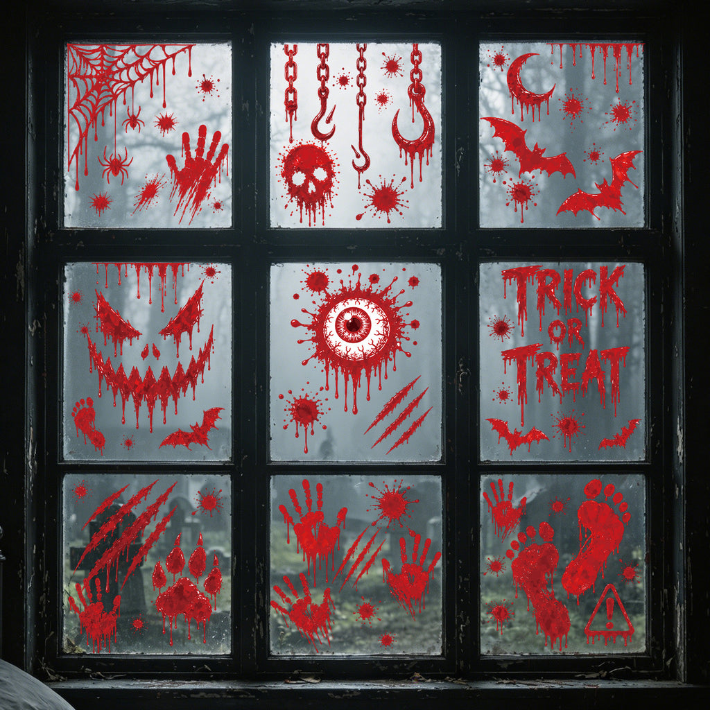 Halloween Blood Handprint Footprint Static Window Stickers, Skull Eyeball Glass Decals For Haunted House Party