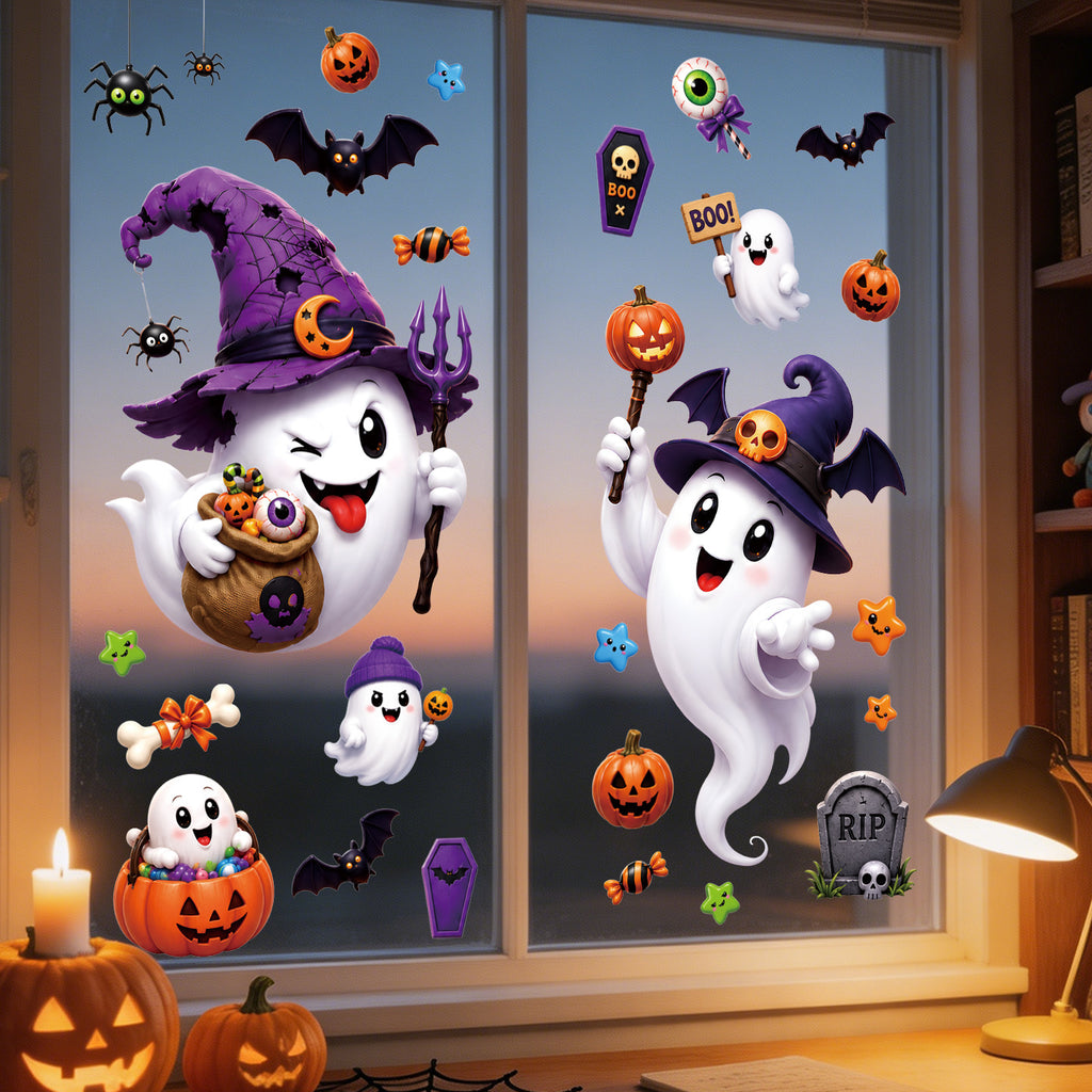 Halloween Cute Ghost Pumpkin Bat Window Clings, No Glue Removable Glass Stickers