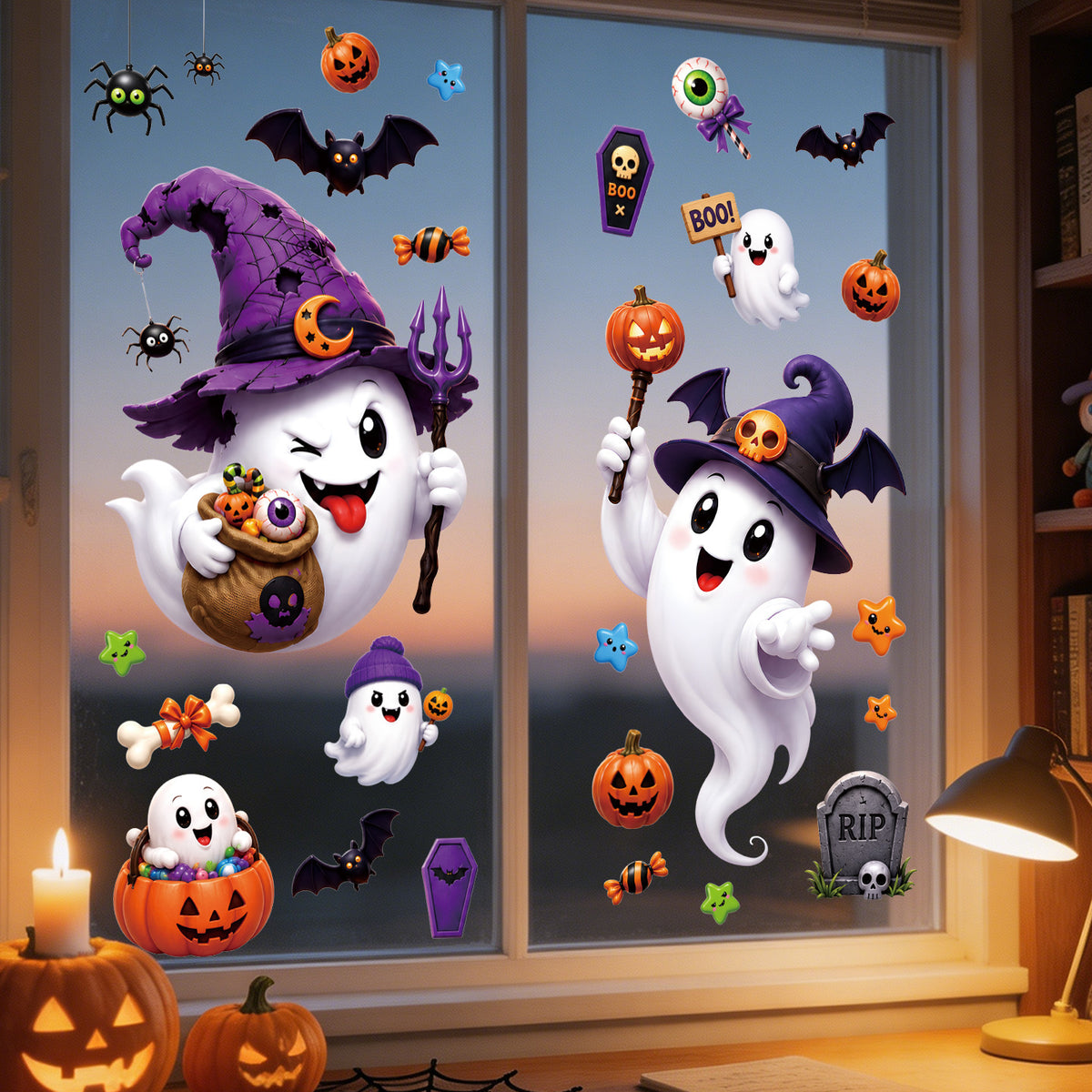 Halloween Cute Ghost Pumpkin Bat Window Clings, No Glue Removable Glass Stickers