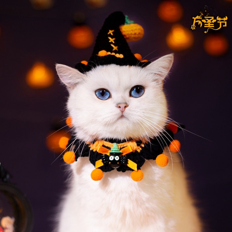 Halloween Knitted Pet Bib Bandana, Pumpkin Crochet Collar for Cats and Dogs