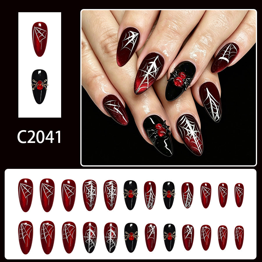 Medium Shiny Almond Halloween Press On Nails 24 Pcs, Dark Wine Red Cat Eye Spider Web Rhinestone Design