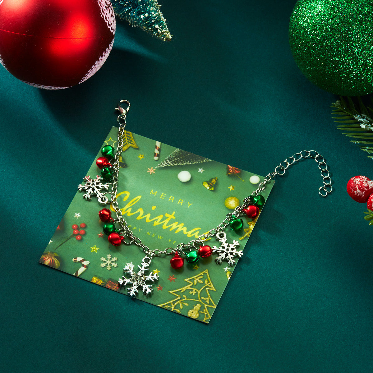 Christmas Colorful Bell Necklace and Bracelet Set, Cute Snowflake Pendant Jewelry for Women