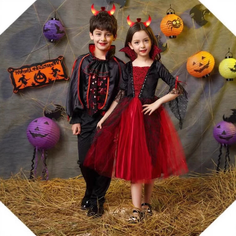 Kids Halloween Vampire Witch Costume, Girls Wizard Cape With Puff Sleeves For Masquerade Party