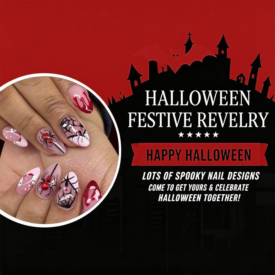 Medium Shiny Almond Halloween Press On Nails 24 Pcs, Pumpkin French Spider Web Rhinestone Ghost Blood Drip Design