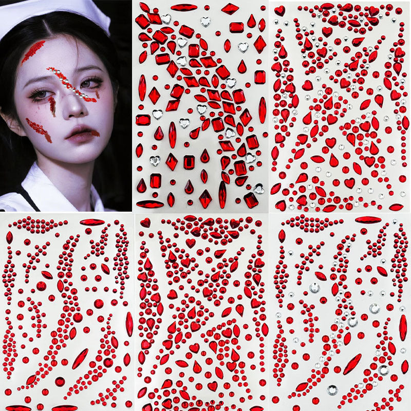 Halloween Blood Diamond Makeup Stickers, Red Scar Rhinestone Face Gems For Cosplay Eye Decorations