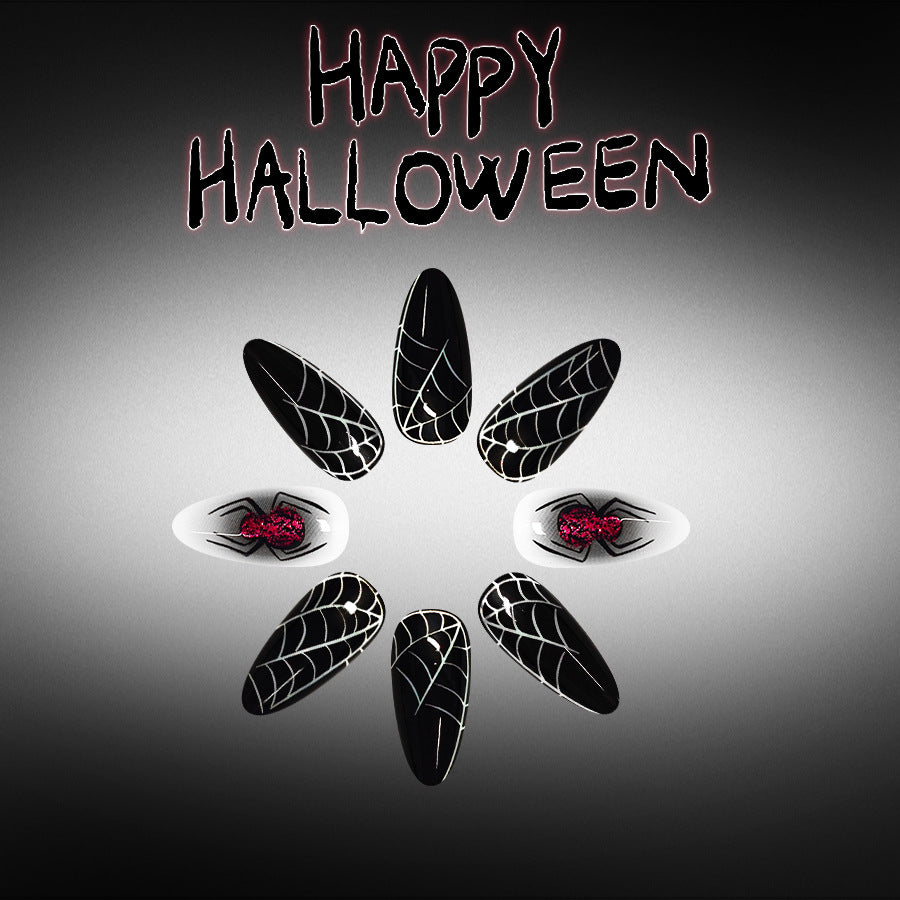 Medium Shiny Almond Halloween Press On Nails 24 Pcs, Sweet Cool Dark Spider Web Glitter Design