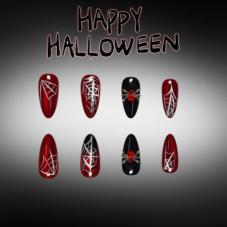 Medium Shiny Almond Halloween Press On Nails 24 Pcs, Dark Wine Red Cat Eye Spider Web Rhinestone Design
