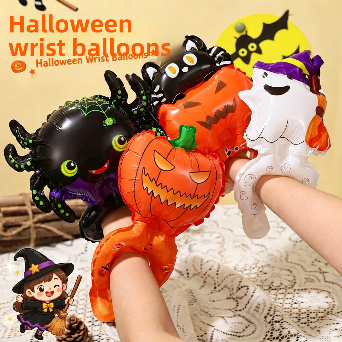 Halloween Balloon Hand Stick and Headband Set, Pumpkin Ghost Witch Party Decor