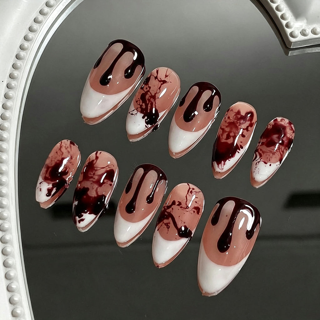 Halloween Handmade French 3D Gel Blood Press On Nails, Almond Shape Removable False Nails