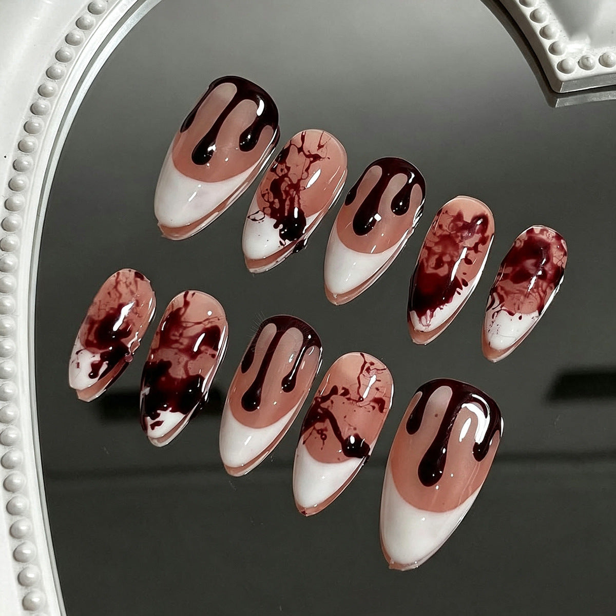 Halloween Handmade French 3D Gel Blood Press On Nails, Almond Shape Removable False Nails