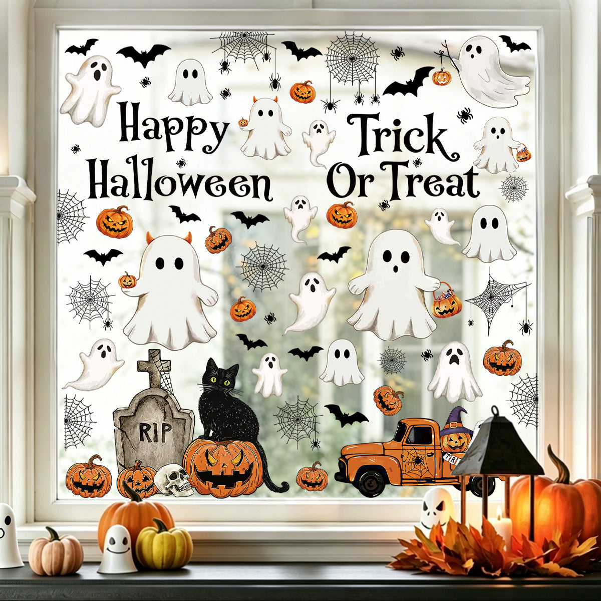 Halloween Cute Cartoon Window Clings, Ghost Pumpkin Bat Black Cat PVC Glass Stickers