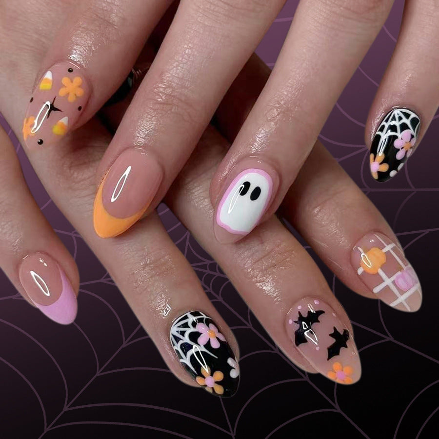 Halloween French Press On Nails Short Oval Ghost Bat Pumpkin Plaid Flower 24 Pcs Set