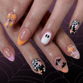 Halloween French Press On Nails Short Oval Ghost Bat Pumpkin Plaid Flower 24 Pcs Set