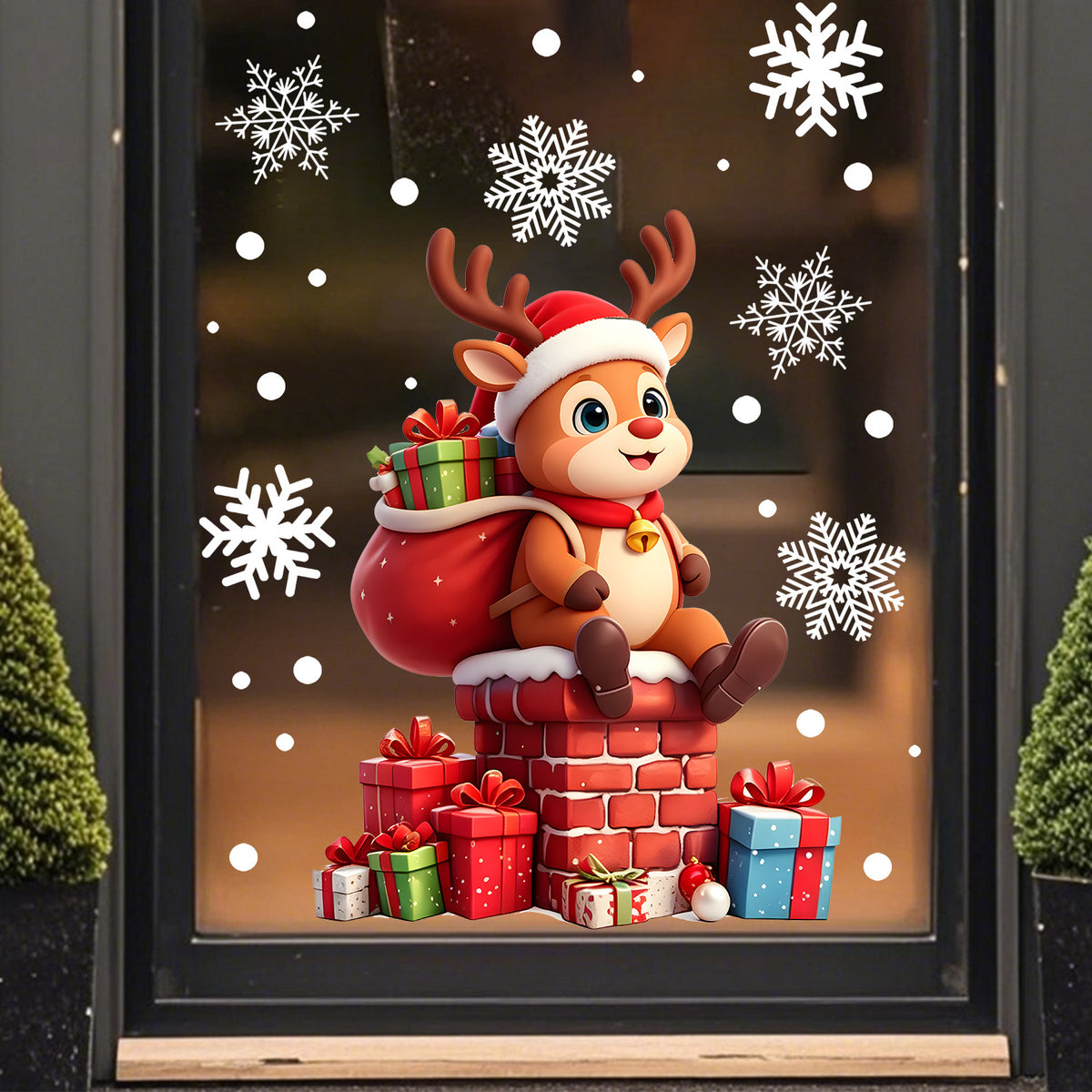 Cartoon Christmas Pet Static Glass Stickers, Reindeer Balloon Window Decals For Home Floor To Ceiling Windows