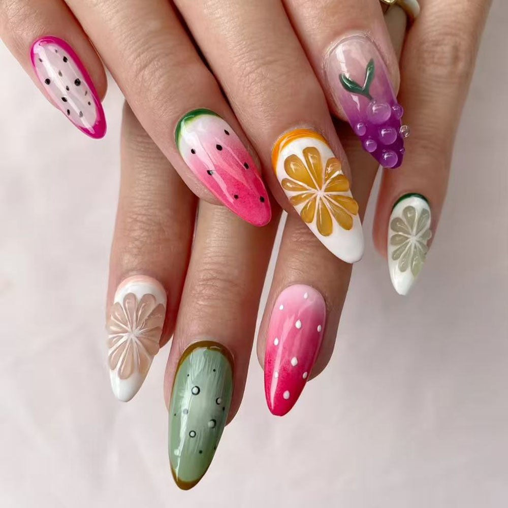3D Resin Press On Nails, Raised Floral Gradient False Nails with Glossy Finish