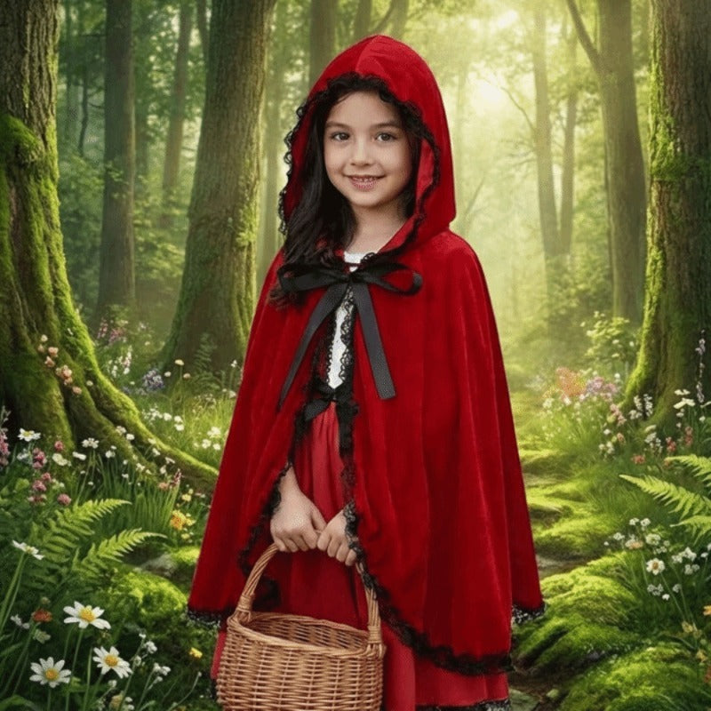 Kids Hooded Cape with Lace Trim, Little Red Riding Hood Costume Cloak for Christmas Role Play