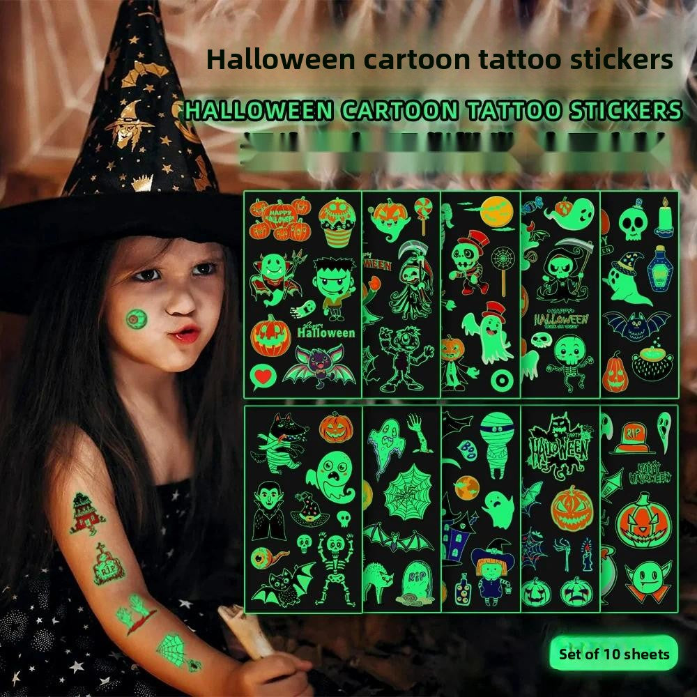 Kids Glow In The Dark Cartoon Halloween Temporary Tattoos, Party Favor Stickers For Holiday Activities