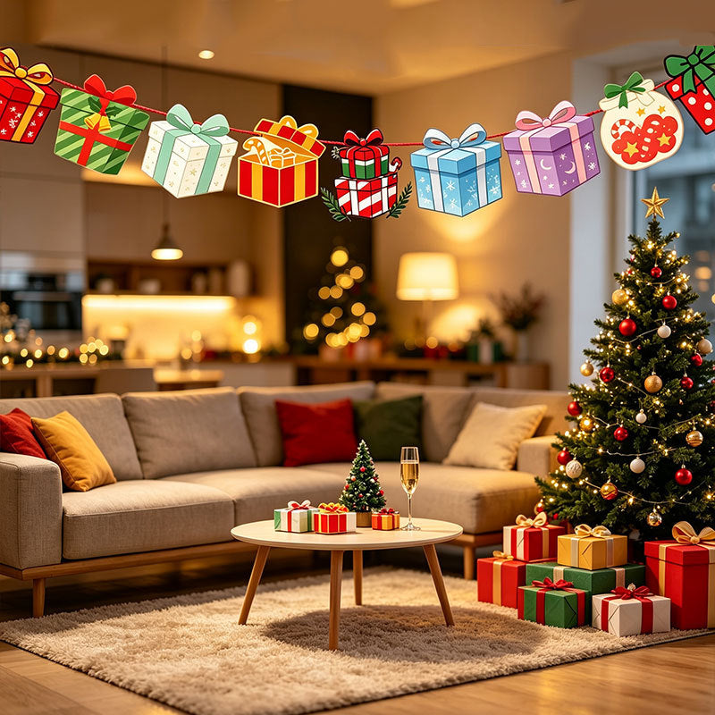 Christmas Gift Party Banner Pennant, Holiday Gathering Scene Decorations for Party