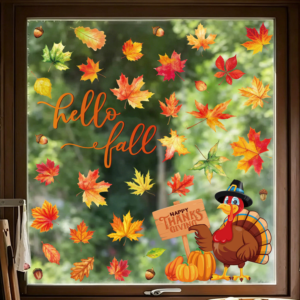 Thanksgiving Turkey Maple Leaf PVC Window Clings Static Sticker Storefront Glass Decor