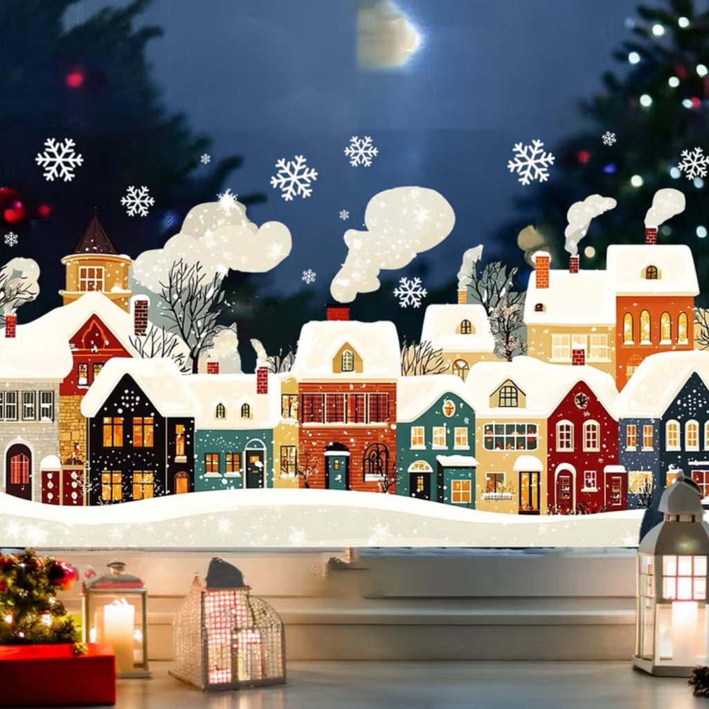 Christmas Village Snow Scene Window Stickers, European Town Static Cling for Home Storefront Glass