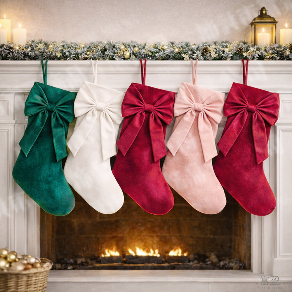 18 Inch Velvet Christmas Stockings with Bows, Plush Fireplace Hanging Gift Candy Bags
