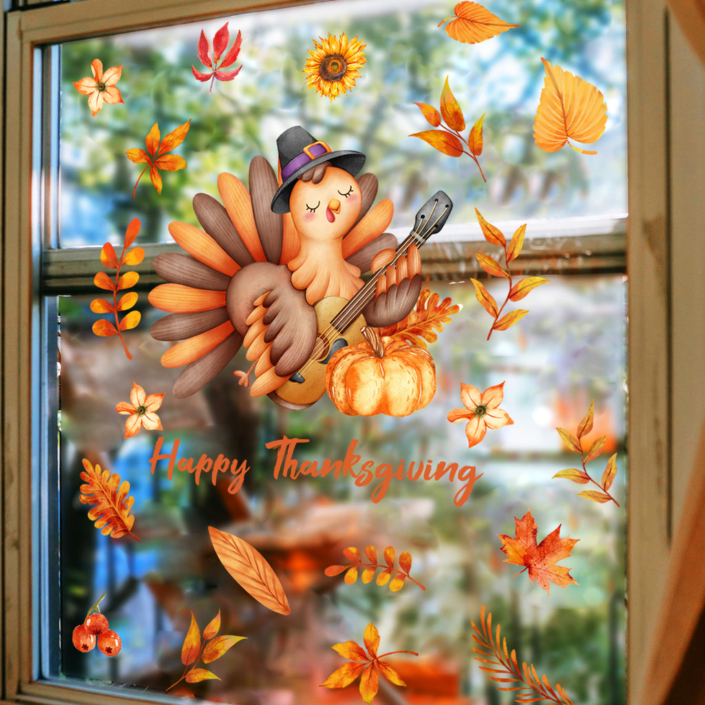 Fall Thanksgiving Cartoon Maple Leaf Turkey Window Clings, Home Wall Decals