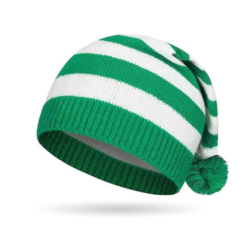 Knitted Christmas Hat Red Green Striped Pom Pom Long Tail Santa Hat Winter Gift