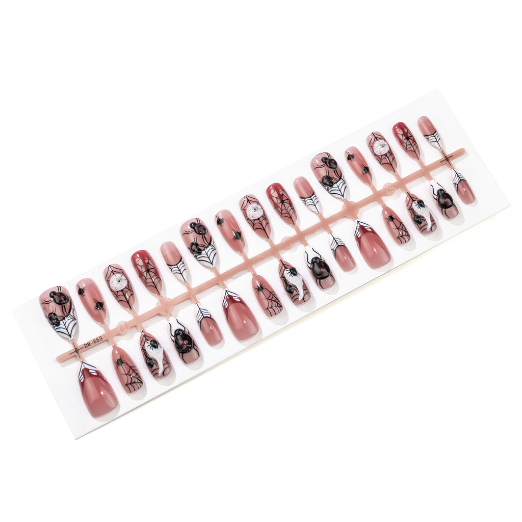30 Pcs Halloween 3D Spider Press On Nails, Blood Drop Web French False Nails